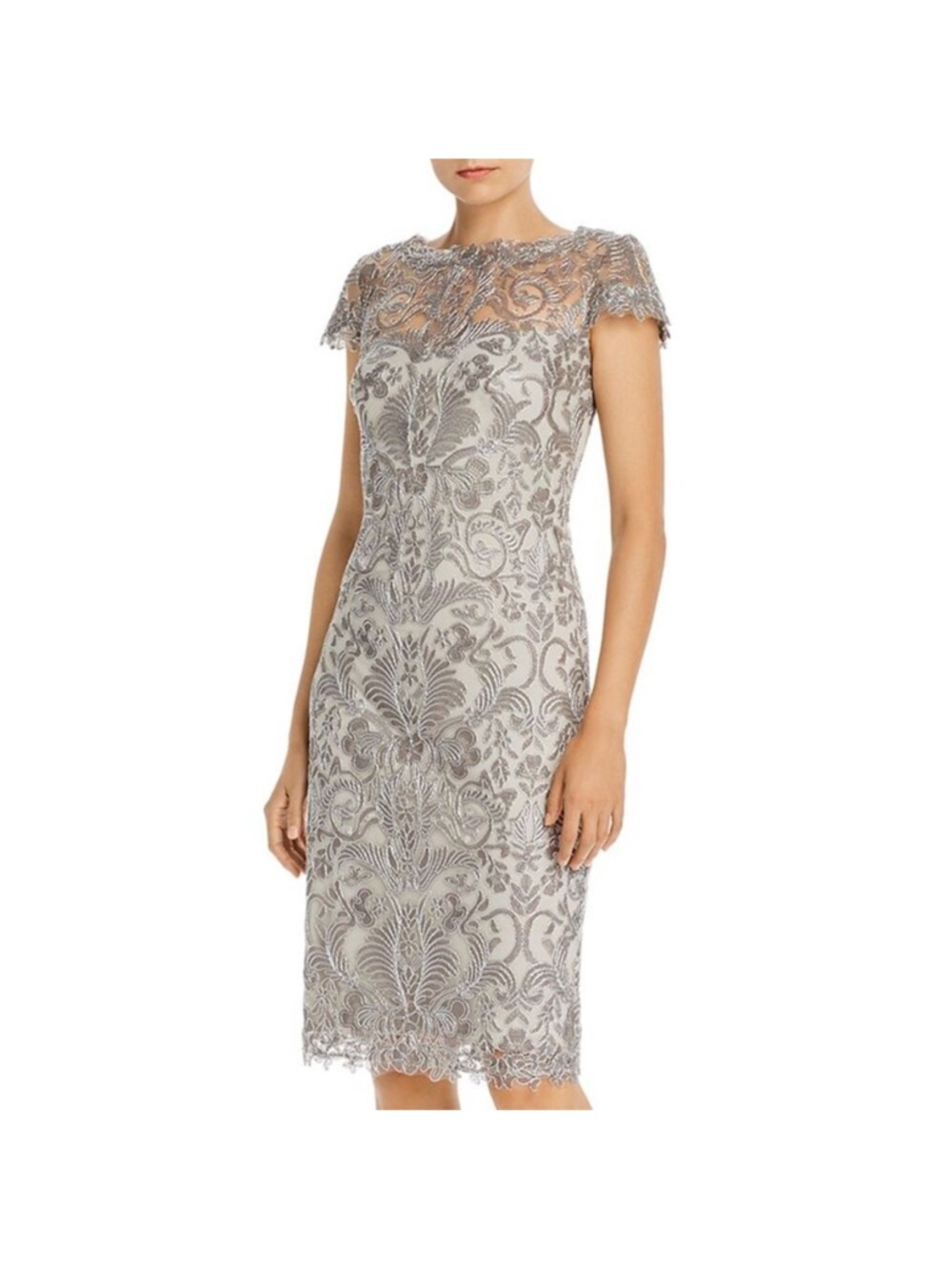 Tadashi Shoji Silver Embroidered Lace Sheath Midi Dress Size 4 Elegant